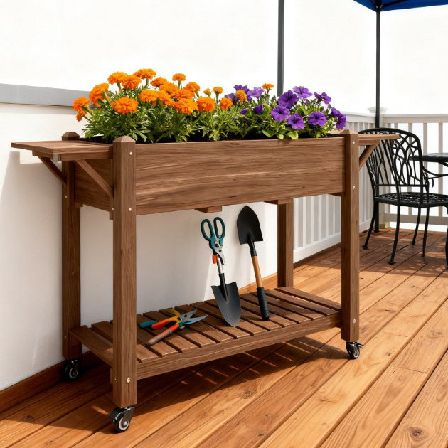Elevated Garden Bed,Wood Raised Planter Box,With Lockable Wheels,Side Tables,Bottom Shelf,Drain Holes, Brown