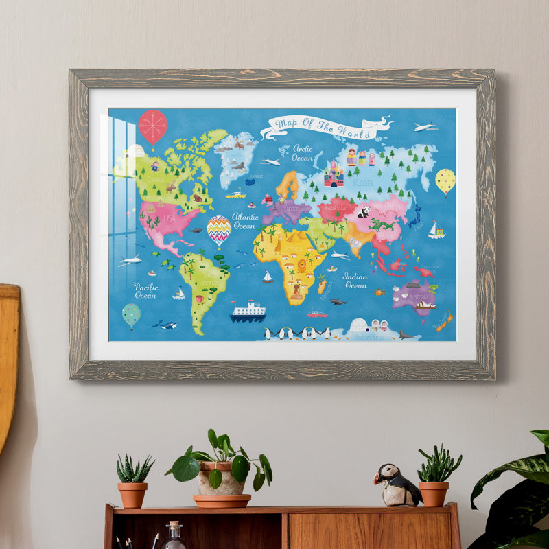 Voyage autour du monde - Reproduction d'art graphique sur papier encadré, H 31 po x l 44 po x P 1 po, Gris