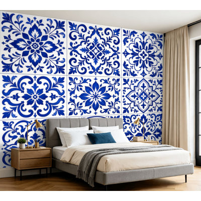 Wall Mural Peel and Stick Wallpaper Set 16 tiles Azulejos blue white Original traditional Portuguese Spain Self-Adhesive Removable Contact Paper Wall Decor for Living Room Bedroom 100"H x 144"W