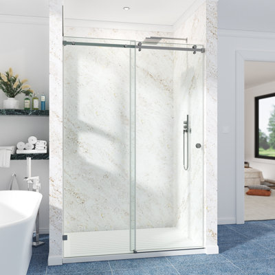44-49" W x 76" H Frameless Single Sliding Shower Door with 3/8" (10mm) Clear Tempered Glass, Shatter-Resistant Film & Installation Hole Locator