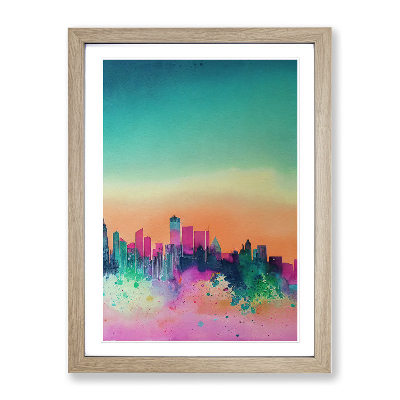 XV1022-3150X Paint Drip City Skyline No.2 Abstract - Single Picture Frame Print, 64cm H x 46cm W x 2cm D, Oak
