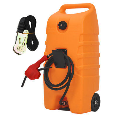 Portable Gas Caddy 15 Gallon Manual Transfer Pump Heavy-Duty Mobile Fuel Storage 10ft Hose Wheels for Cars Lawn Mowers Boats ATVs No Strap 53L Orange Trolley Model (Falsely Labeled 57L)