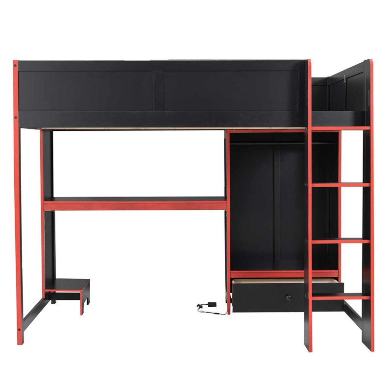 Wood Gaming Loft Bed With Built-In Desk, Wardrobe And LED For Teen And Adults, Full
