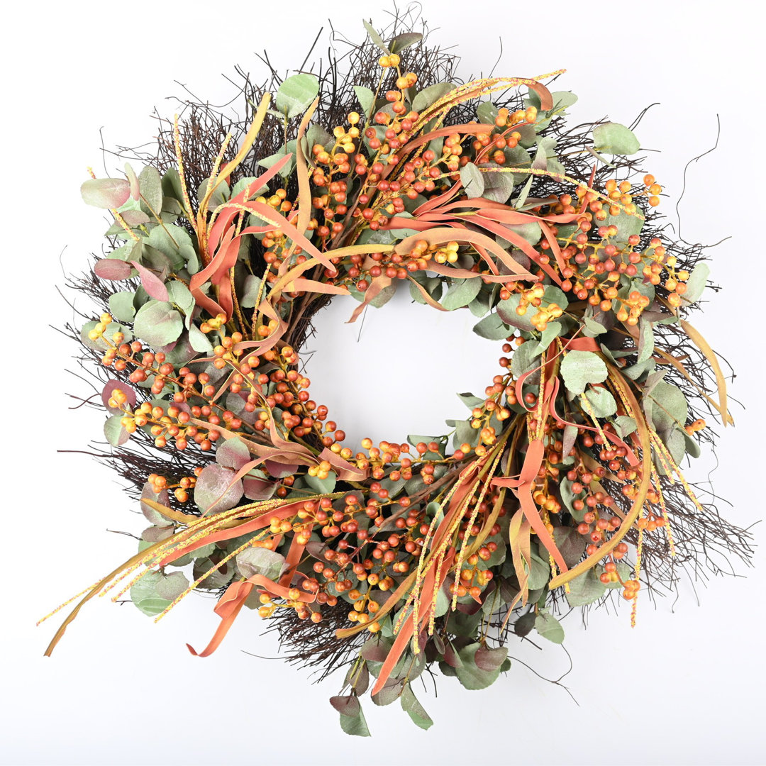 24" Artificial Eucalyptus Berry Fall Front Door Wreath for Thanksgiving  Primrue