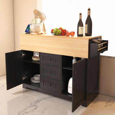 Grand îlot de cuisine 55,7 po avec 2 abattants | Chariot de cuisine sur roulettes sur 5 roues avec prise de courant et ports USB | Table de salle à manger pliante avec étagère à épices, porte-serviettes et 3 tiroirs