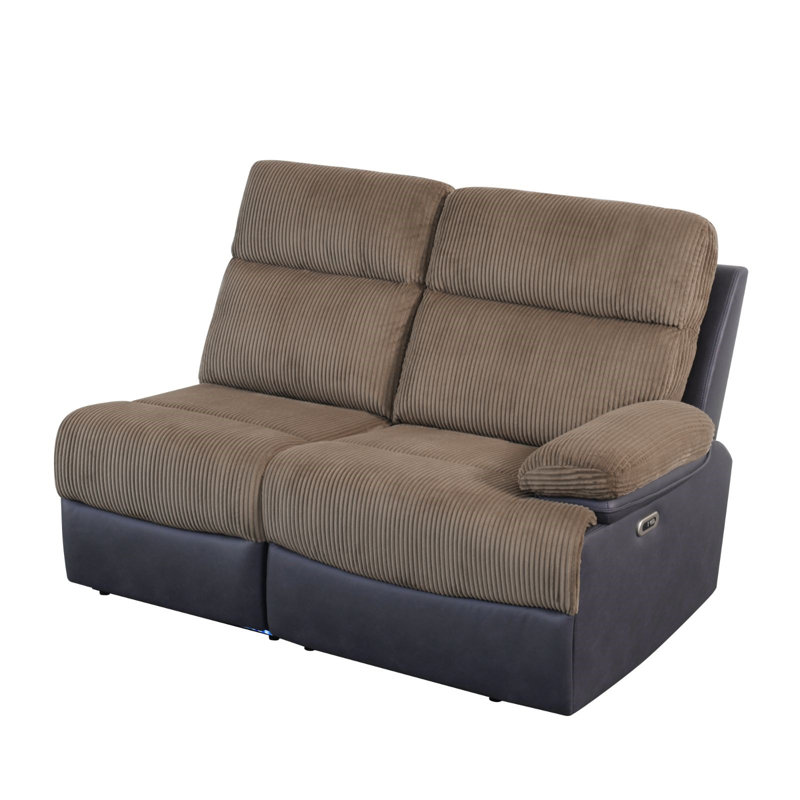 189" Power Recliner Sectional With Corduroy Top, Leather Base, And Built-in Middle Console