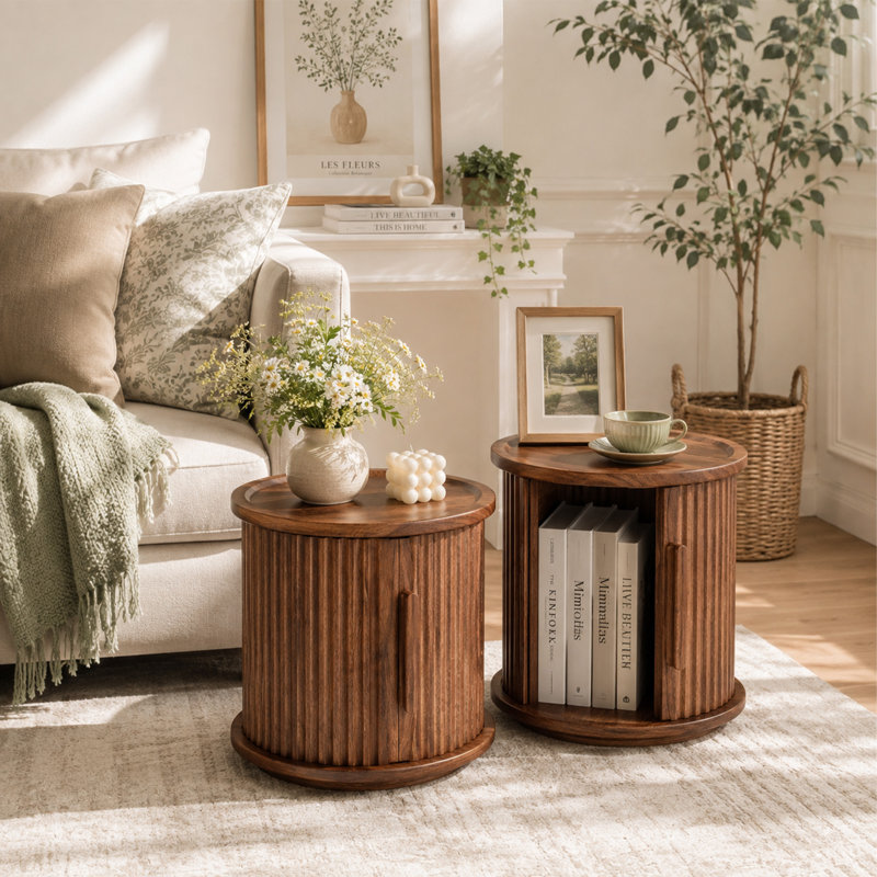Ensemble de 2 tables d'appoint rondes gigognes, avec rangement et porte coulissante, fini noyer, pour salon ou chambre.