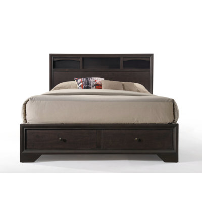 Queen Bed With Finish, Side Rail Storage And Bookcase Headboard Compartments Center Metal Glide Drawer