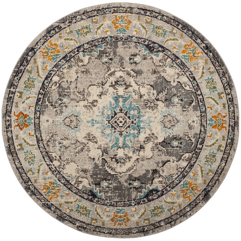 Almyra Oriental Area Rug, Round 6'7", Grey/Light Blue