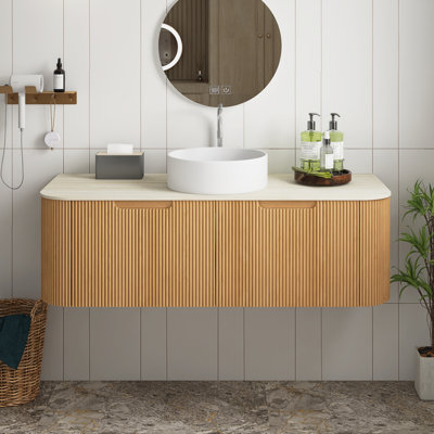 Meuble-lavabo de salle de bain, meuble de rangement flottant à bord arrondi en contreplaqué avec 2 tiroirs, lavabo rond en céramique et plateau en pierre frittée à motif de travertin, pré-assemblé