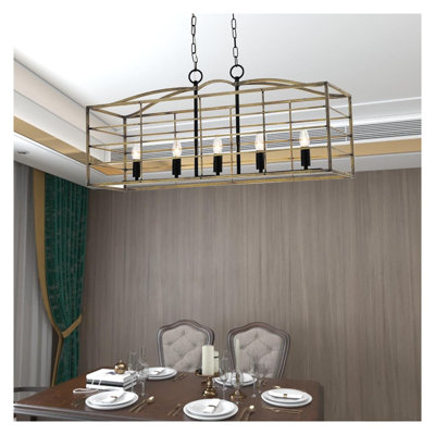 Farmhouse Rectangular Chandelier with Wood Grain Finish, 5-Light Adjustable Pendant Light Fixture for Dining Room and Kitchen Island