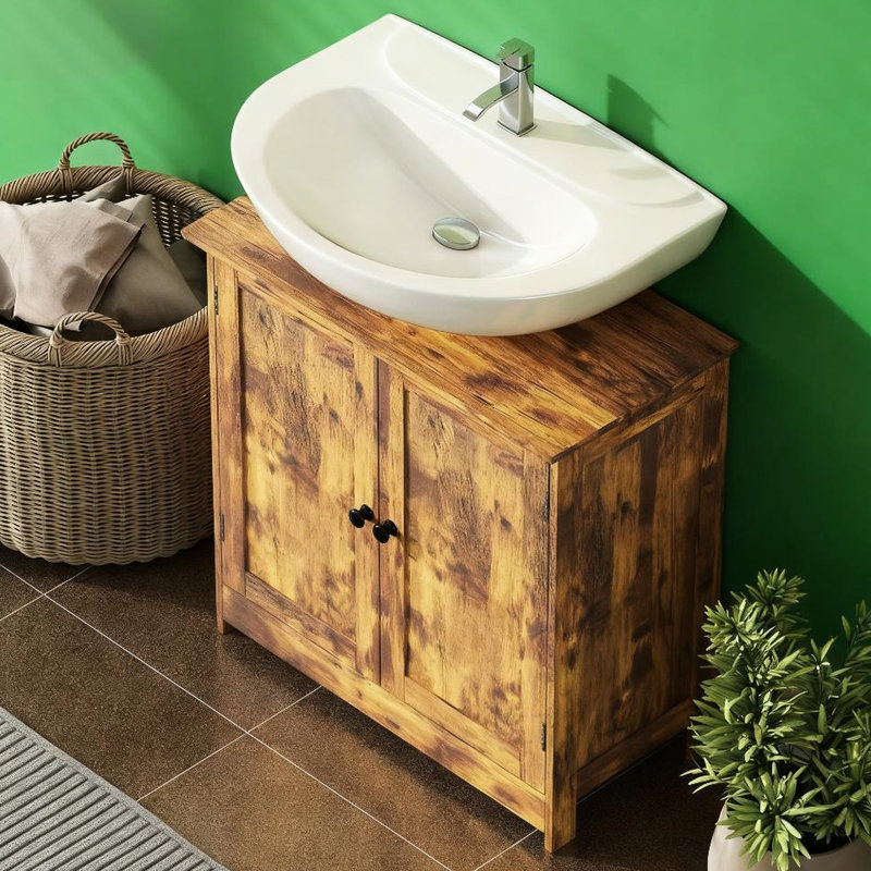 Meuble-lavabo rustique brun, design à 2 portes, étagère réglable, forme en U gain de place, convient à différents types de lavabos, matériau stable, brun, portes et formes optimisées.