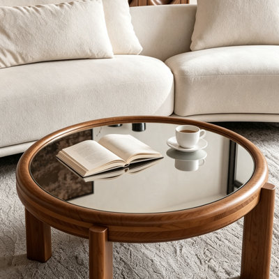 Table basse 33,46 po avec plateau en miroir, structure en bois massif et pieds cylindriques, table de salon de style Mid-Century rétro