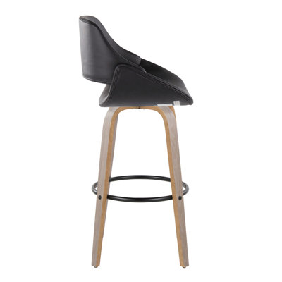 Tabouret de bar 30 po à hauteur fixe Mid-Century avec pivot en bois gris clair et similicuir noir avec repose-pieds rond en métal noir - ensemble de 2