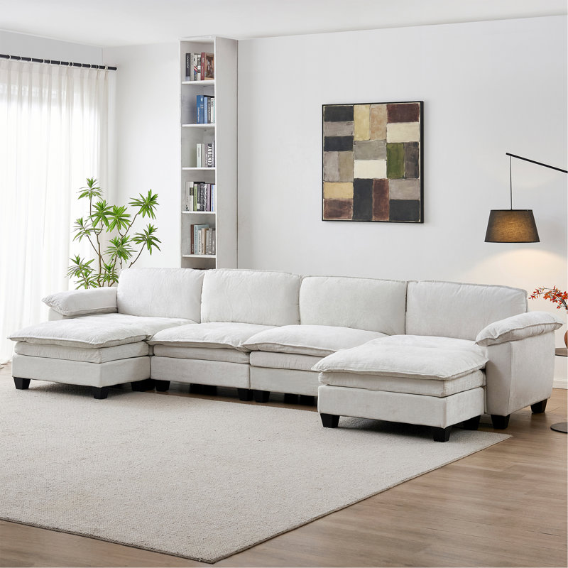 Living Room Furniture Sofa Luxury Couch Four Seater With Two Ottomans Soft Chenille Upholstered U Shape Sofa Beige, Beige