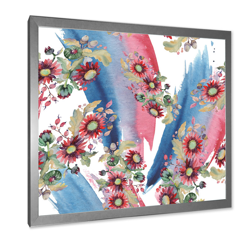 Aster rouge et bouquet de glands - peinture sur toile, H 36 po x l 36 po x 1,5 po, Cadre photo argenté