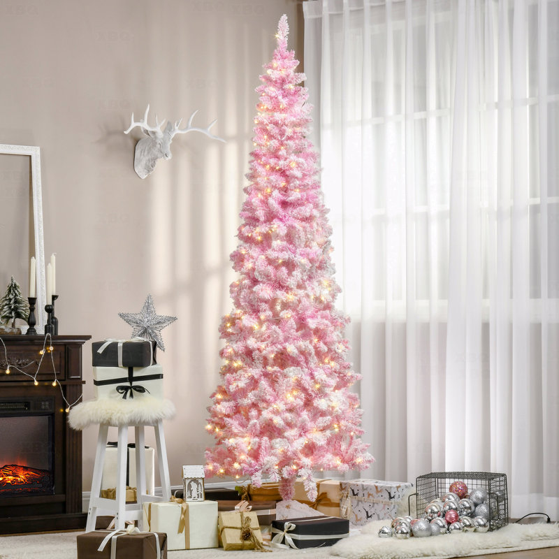 Arbre de Noël artificiel mince enneigé 7,5 pi avec flocons de neige, branches de pin réalistes, lumières DEL blanc chaud