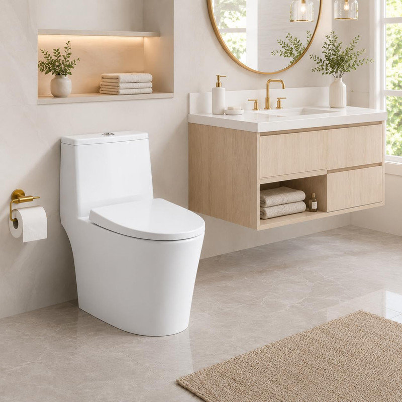 Modern Elongated One-piece Toilet, 1.28 GPF, Soft Close Seat, Universal Height, Water-Saving