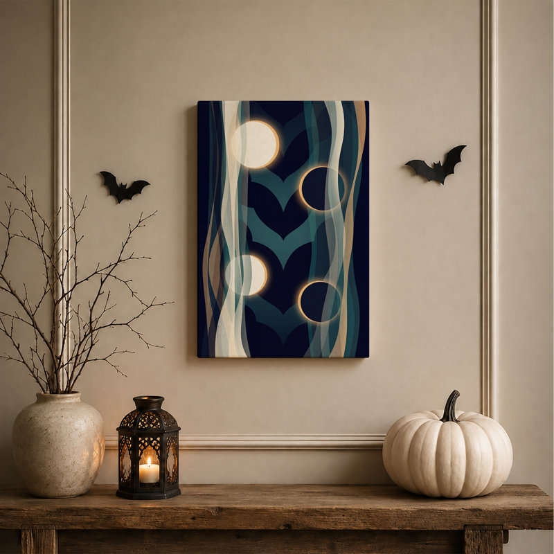 Toile murale d'Halloween : Vagues bleues et turquoise abstraites avec des cercles lumineux, H 30 po x l 20 po