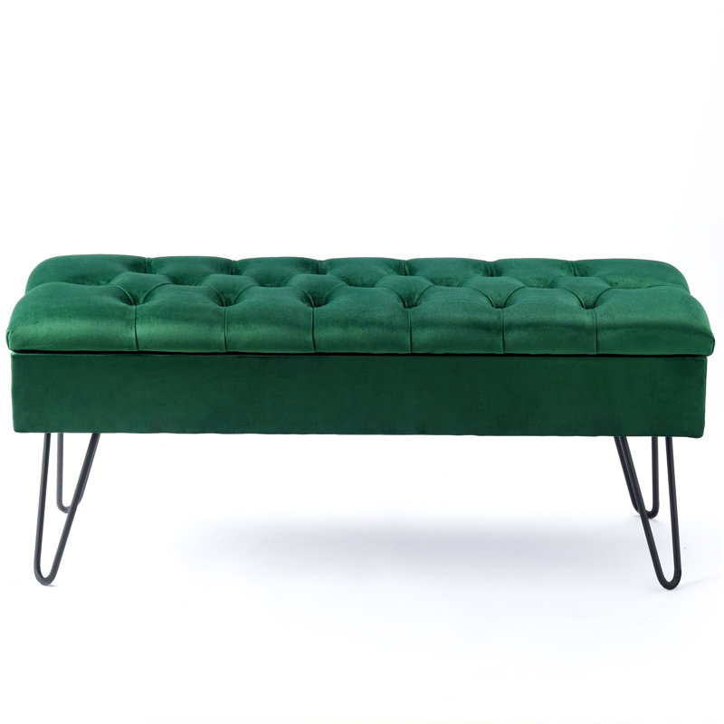 Dunfee Velvet Upholstered Storage Bench, Green, H44 x W100 x D30cm