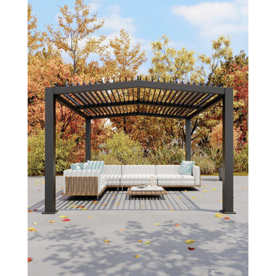 Pergola à persiennes en aluminium 11 pi x 13 pi avec toit à pignon réglable et système de drainage intégré pour le jardin, le patio, la terrasse, la cour, gris