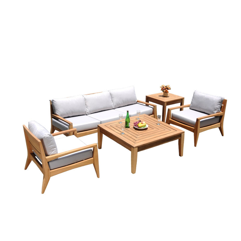 Noida Outdoor - Piece Teak Conversation Set, 5 Pcs: Table, 2 Armchairs, Sofa, Side Table
