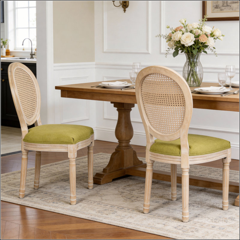 Ensemble de 2 chaises de salle à manger en rotin French Country, Vert, Bois naturel