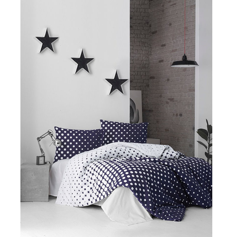 Ensemble de housse de courtepointe de qualité supérieure Ranforce King, bleu foncé et blanc, 94,5 x 86,6 pouces | 100% coton, contexture de 140 fils | Lavable à la machine à 86 ° F, enveloppe et fermeture à boutons | Literie douce et durable pour un confort luxueux