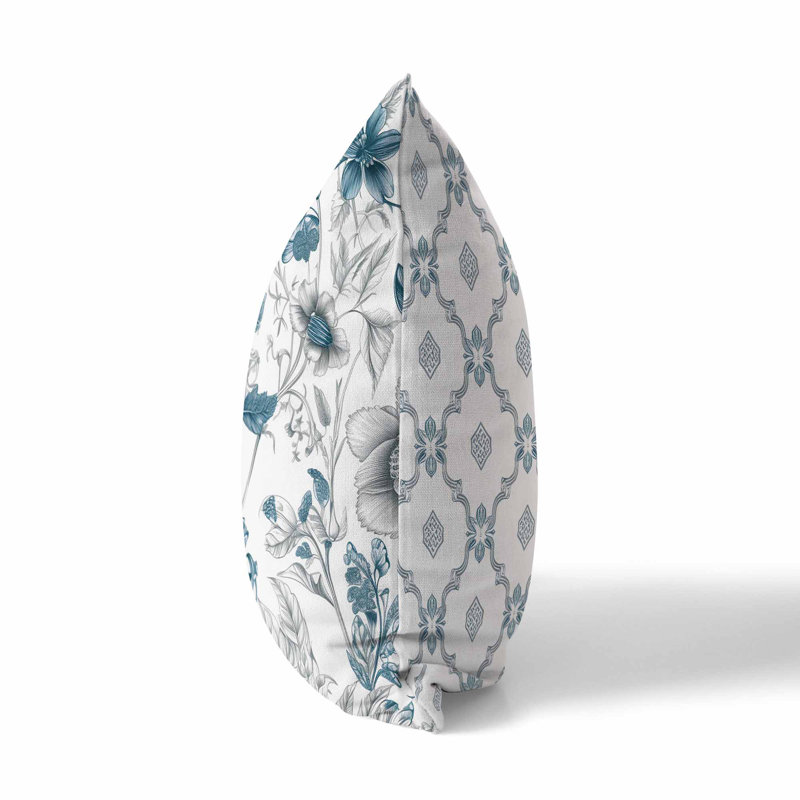 Garden Grace Gala Floral Outdoor Reversible Throw Pillow, Blue/White Floral, 18"H x 18"W