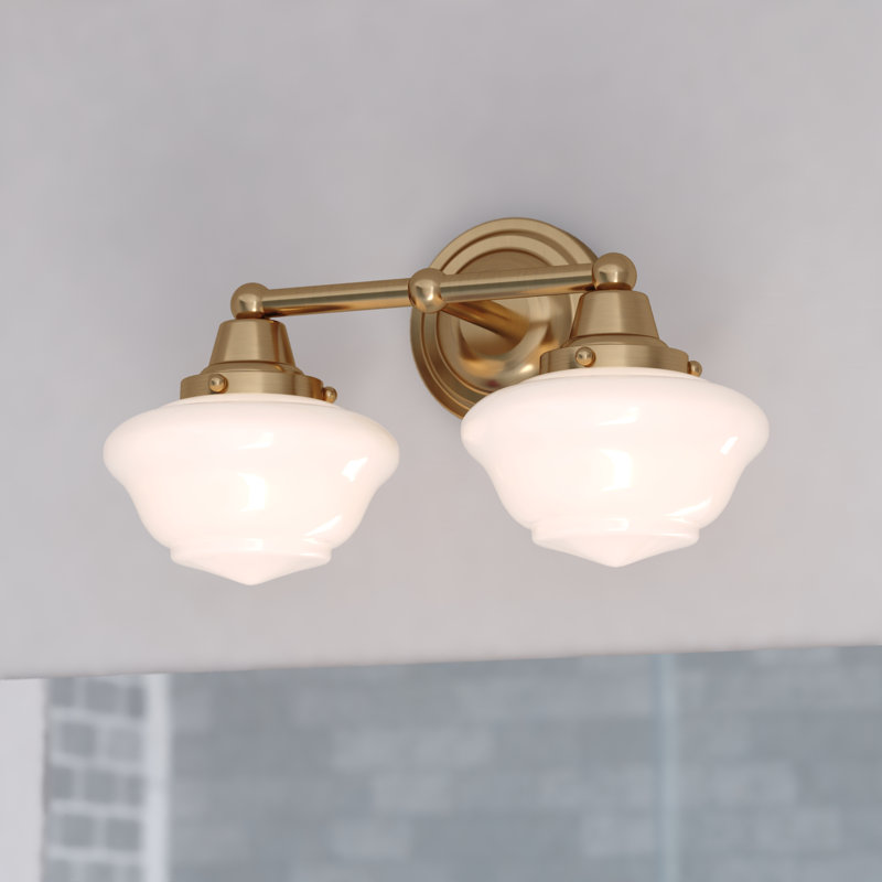 Eastgate 2-Light 15 in. Wide Antique Gold Traditional Bathroom Vanity Lighting Fixture, White Frosted Opal Glass Shade, Dimmable, LED Compatible, Over the Mirror Mounted Steel Wall Sconce