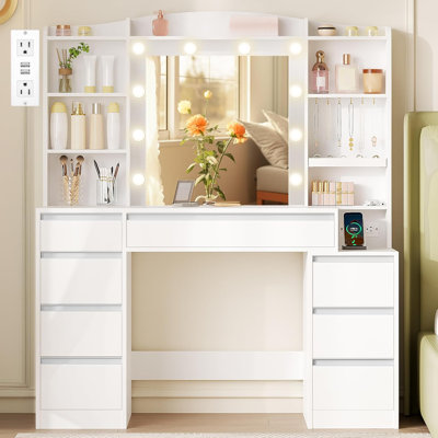 Ebern Designs Dressing Table With Mirror And Light, With Drawers, Storage  Cabinets And Open Shelves, 3 Lighting Modes With Adjustable Brightness,  Suitable For Bedrooms And Dressing Rooms. | Wayfair