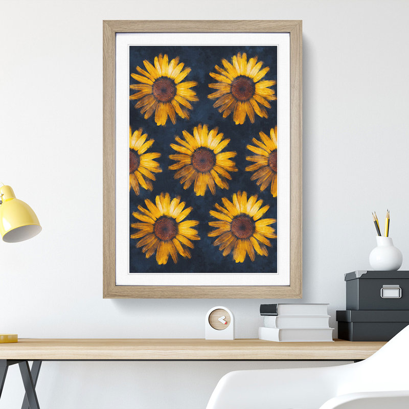 A Wall of Yellow Sunflowers - Picture Frame Painting Print, 33cm H x 24cm W x 2cm D, Oak Framed