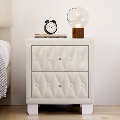 Table de chevet élégante en velours chic avec 2 tiroirs de rangement, bouton en cristal et capitonnage à boutons