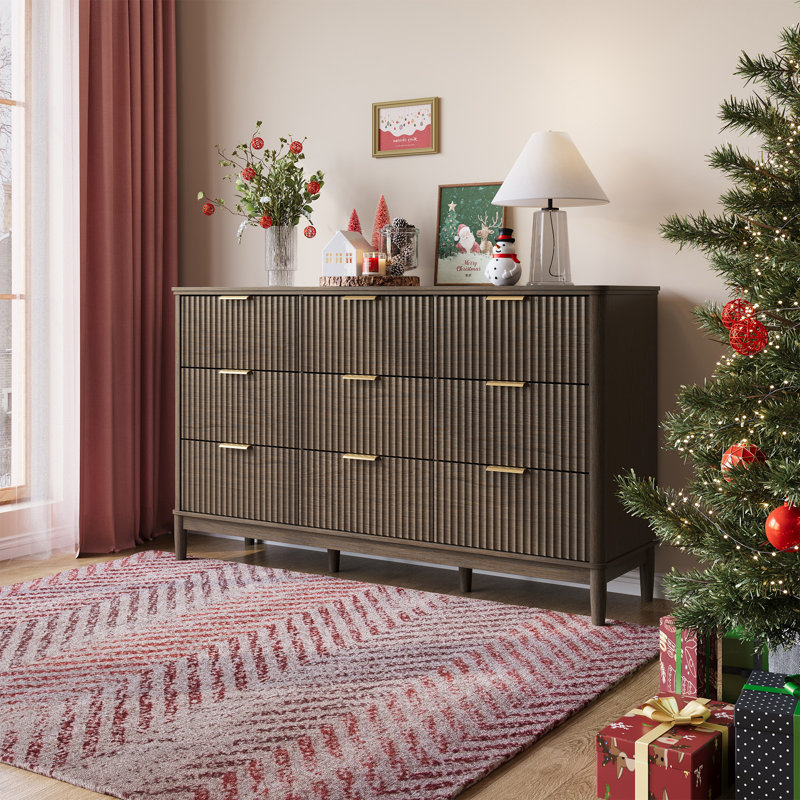 Commode 9 tiroirs 58 "avec pieds en bois massif, Chêne