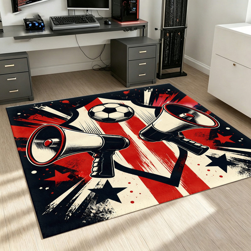 Sports Themed Area Rug, Megaphone and Soccer Ball Design, Vibrant Patriotic Print, Indoor Floor Mat for Living Room, Bedroom, Game, World Cup Soccer Decor