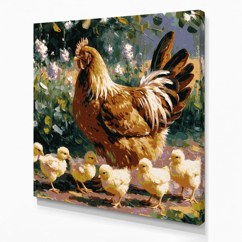 «Farm Hens with Chicks», art mural sur toile brune, H 12 po x l 12 po