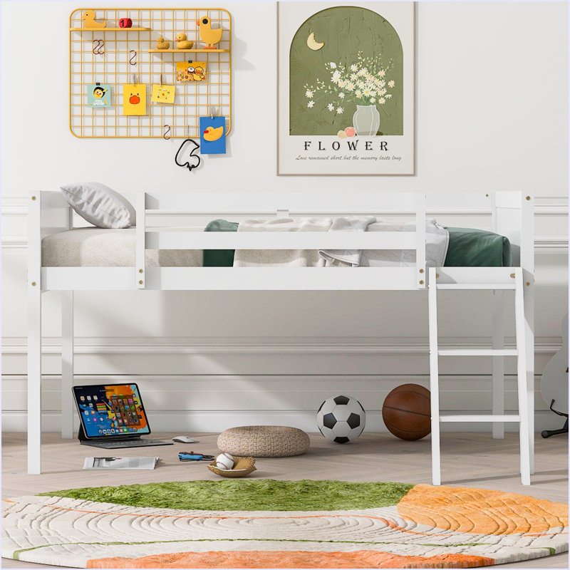 Lit mezzanine bas en bois avec échelle, Blanc / Blanc, Double