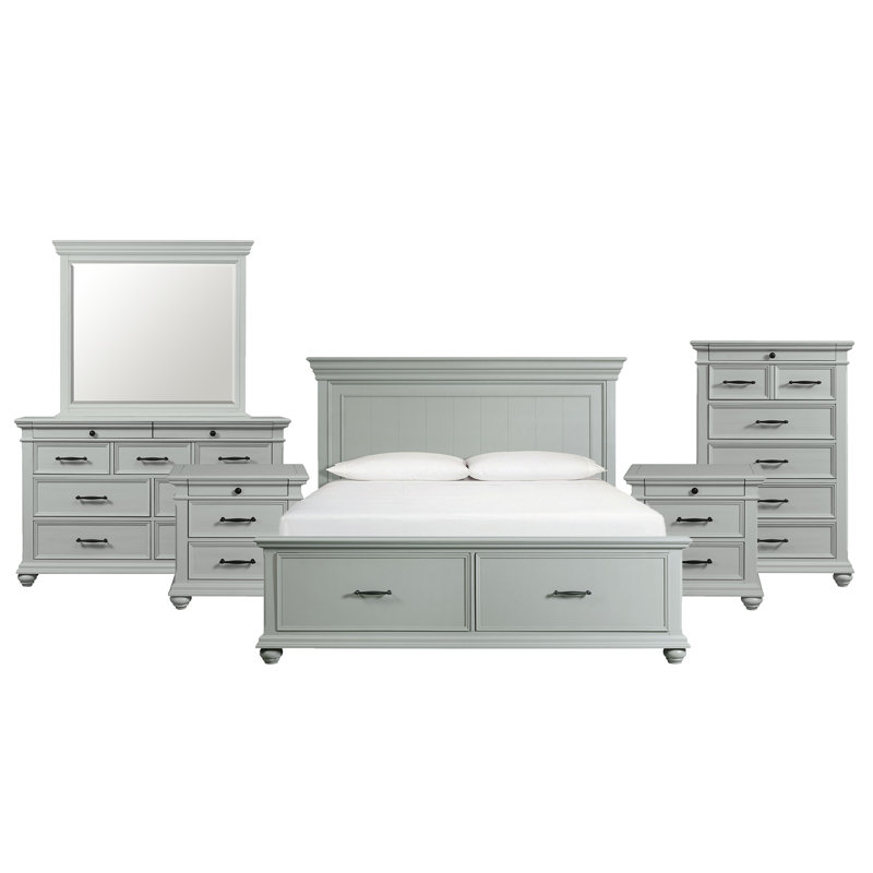 Ensemble de chambre à coucher avec lit plateforme Amarilis, Gris, 6 pièces: lit, commode, miroir, commode, deux tab