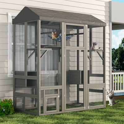 71" Wooden Outdoor Catio Enclosure with Window Access, Hammock, Platforms and Waterproof Cover