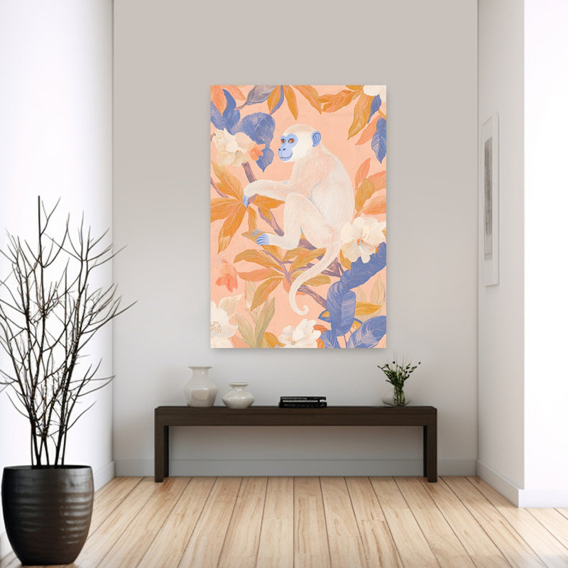Tropical Monkey Friend Serene Whimsical Abstract Monkey Nature Tree Wall Art Print by Mathieu - Wrapped Canvas Print