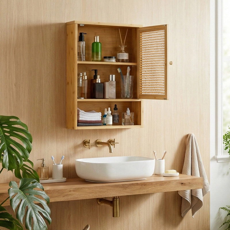 Farmhouse Rattan Wall Cabinet, 3-Tier Wood Storage with Woven Doors, Over-the-Toilet Organizer for Bathroom, Kitchen, Laundry, or Small Spaces