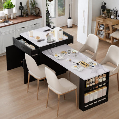 Modern Farmhouse Extendable Kitchen Island with Built-in Power Outlets, Faux Marble Top, Side Storage Shelves, and Wine Glass Rack