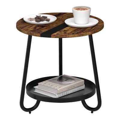 Industrial Round Coffee Table With Metal Tray - 2 Tier Rustic Wood And Metal Design For Living Room, Bedroom, Balcony Or Patio