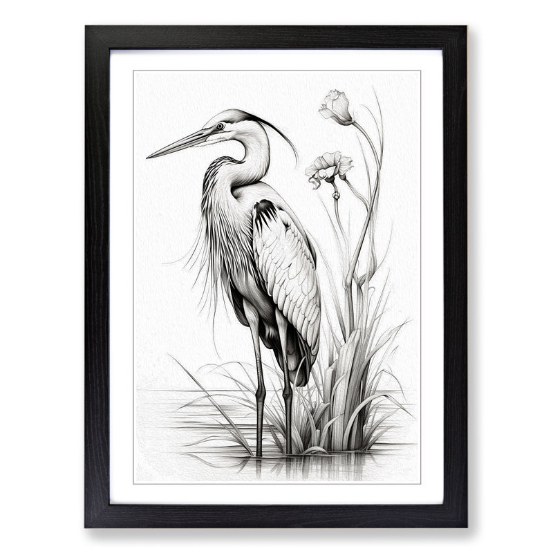 Heron Line - Single Picture Frame Print on Wood, 46cm H x 34cm W x 2cm D, Black
