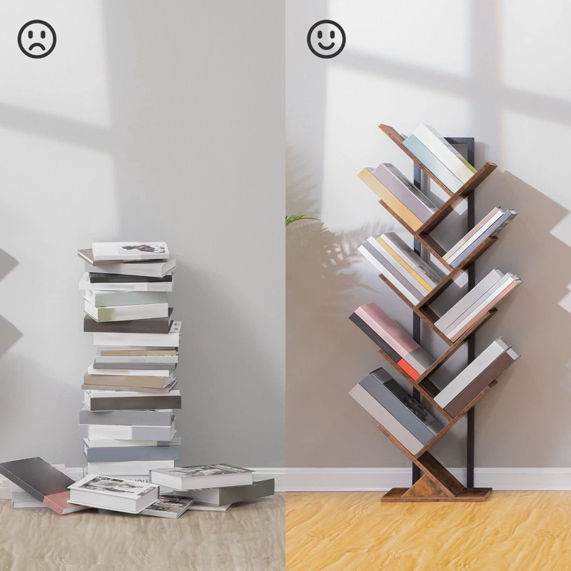 Rustic Brown 9-Tier Tree Bookshelf with Metal Frame