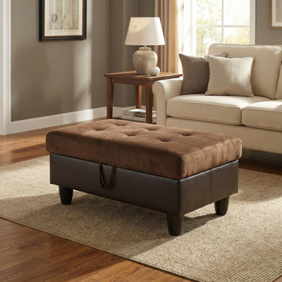 Repose-pieds brun capitonné avec rangement, tabouret avec repose-pieds en velours et similicuir, table basse rectangulaire avec rangement caché pour le salon, la chambre à coucher, le vestibule - pieds en bois robustes, poignée facile à tirer