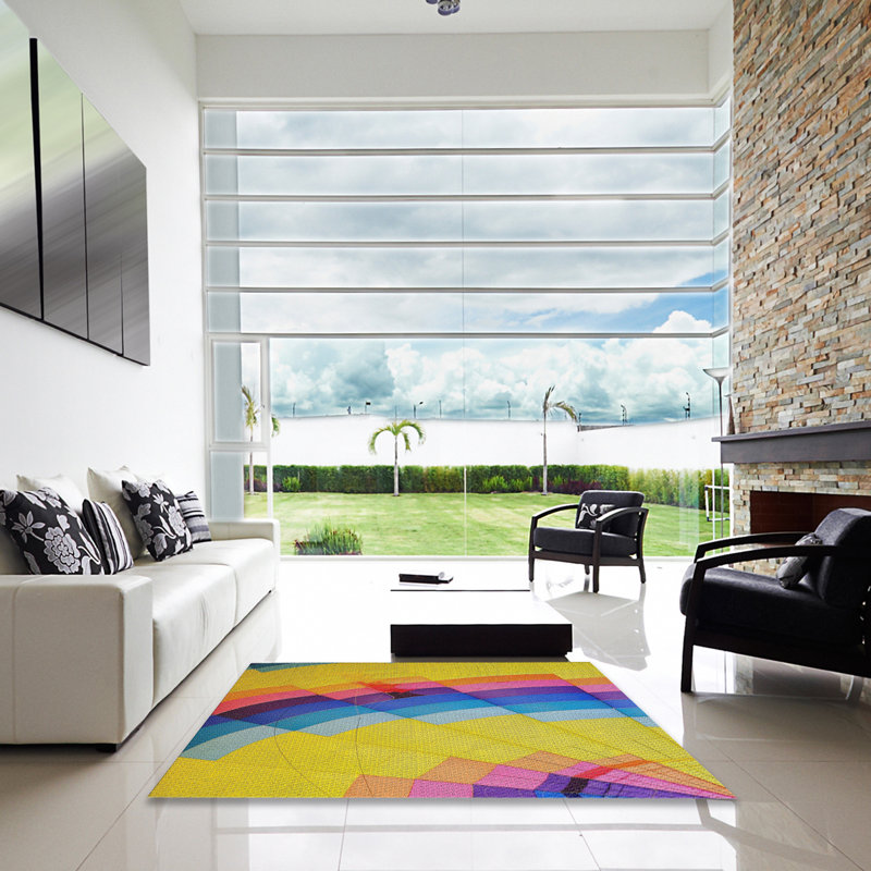 Tapis jaune/bleu/orange à motifs, Carré 8 pi