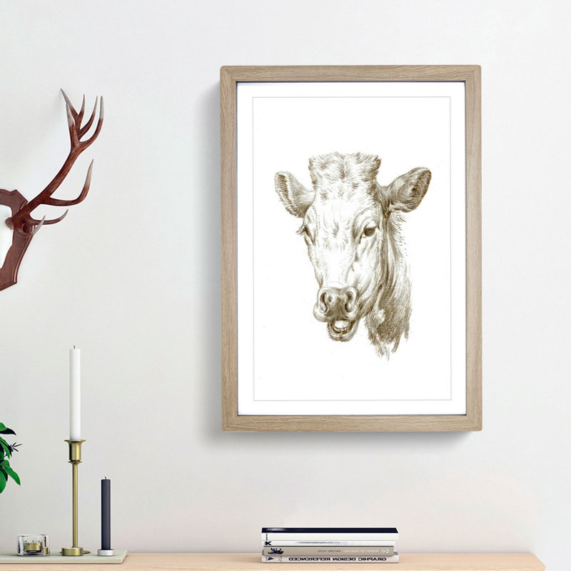 The Head of a Cow by Jean Bernard - Picture Frame Drawing Print, 36cm H x 27cm W x 2cm D, Oak Framed