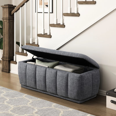 Banc de rangement gris rembourré en mousse avec structure en contreplaqué et tissu texturé recouvert pour la chambre à coucher et le salon