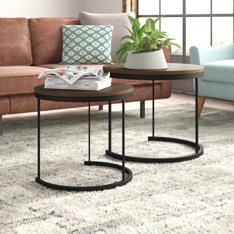 Modern Round Nesting Coffee Table Set in Sleek Brown Wood & Metal